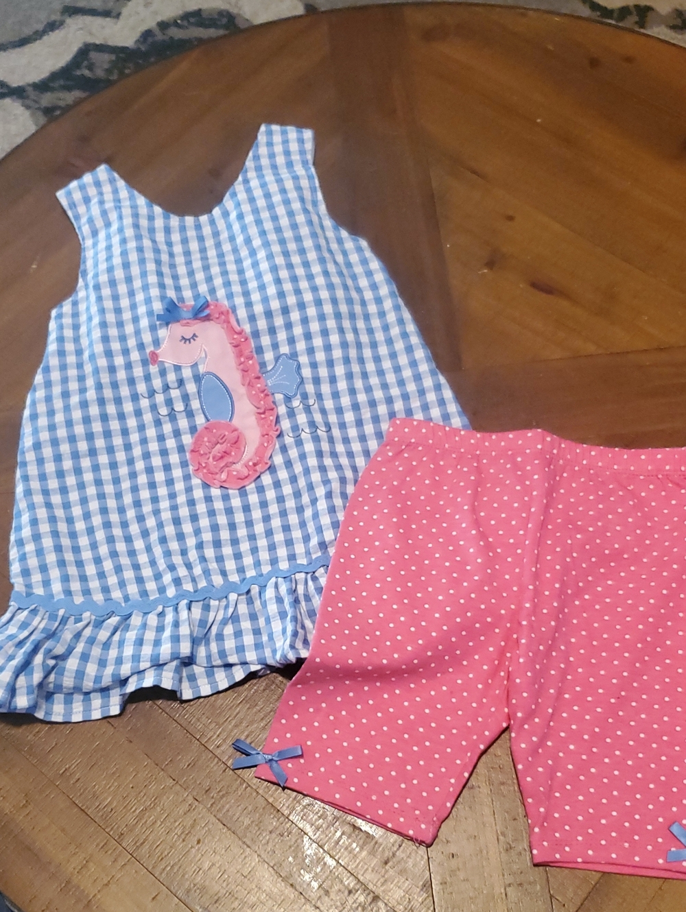 Nannette Blue Gingham Seahorse Top with Pink Polka Dot Shorts Set